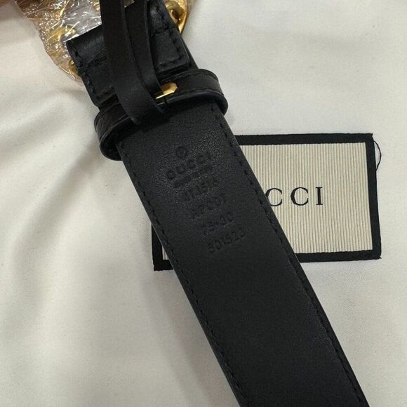 Gucci GG Thin Leather Belt with Double G Buckle Black Gold 75 - Picture 3 of 3